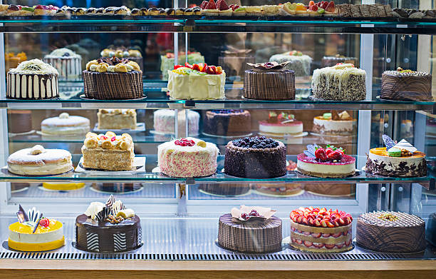 Cake display in bakery shop